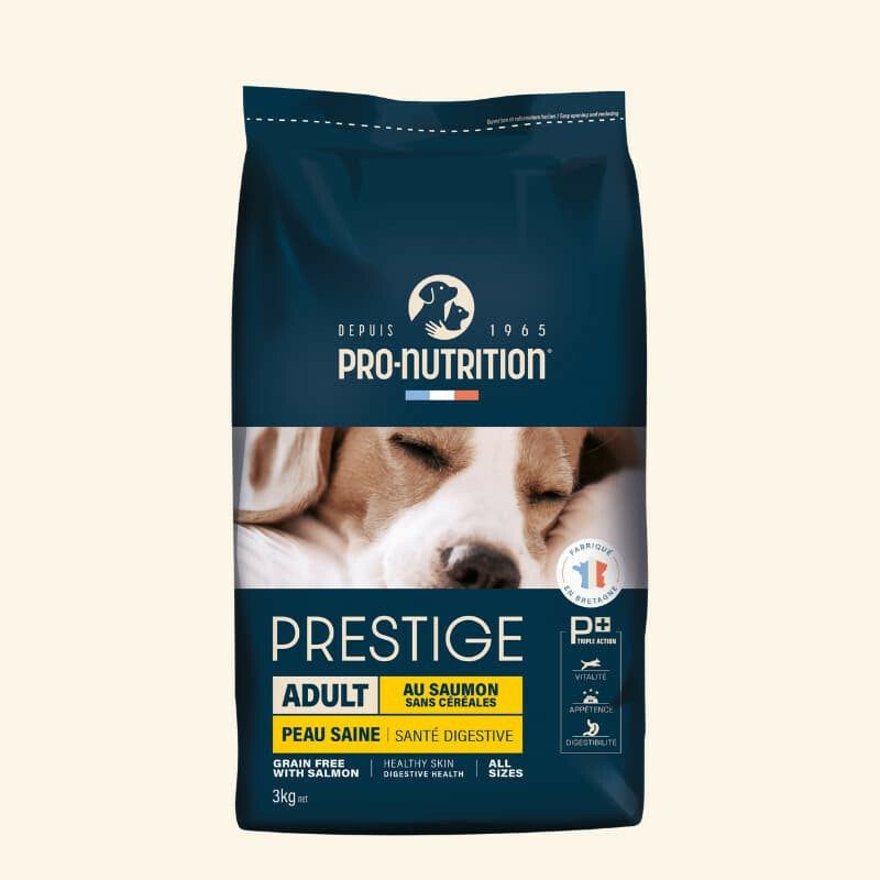 3 kg Packung Pro-Nutrition Prestige Hundefutter, getreidefrei, für gesunde Haut und Verdauung, in blauer Verpackung.