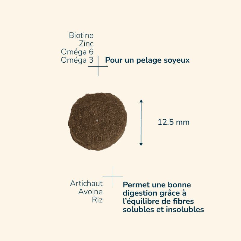 Braune Tablette für gesunde Haut, enthält Biotin, Zink und Omega-6, getreidefrei, Durchmesser 12,5 mm.