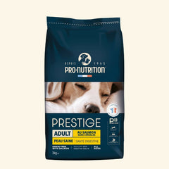 3 kg Packung Pro-Nutrition Prestige Hundefutter, getreidefrei, für gesunde Haut und Verdauung, in blauer Verpackung.