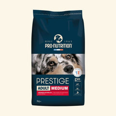 Blauer Sack mit Prestige Adult MEDIUM Hundefutter von Pro-Nutrition. Ideal für mittelgroße Hunde.