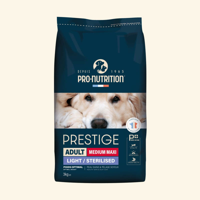 Dunkelblauer Sack mit 3 kg Hundefutter von Pro-Nutrition für erwachsene Hunde, beleuchtet von weißen und orangefarbenen Akzenten.