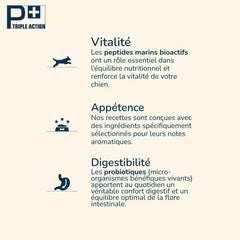 Produktbeschreibung von Prestige Puppy MINI mit Fokus auf Vitalität durch bioaktive marine Peptide für gesunde Hundeernährung.
