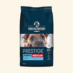 3 kg Sack Pro-Nutrition Hundefutter "Prestige Puppy Medium" in Blau und Schwarz mit süßem Welpenmotiv.