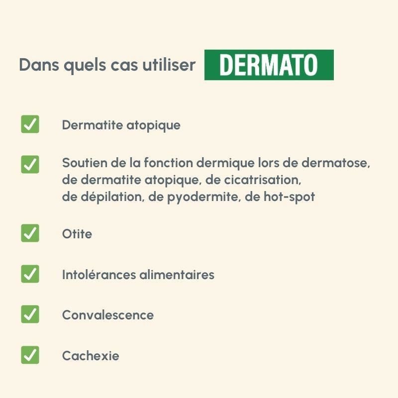 "Liste der Anwendungsgebiete für Protect Chien Dermato bei atopischer Dermatitis und Hautproblemen."