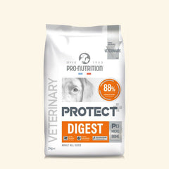 Verpackung der Tiernahrung "Protect Chien Digest" von Pro-Nutrition mit orangefarbener Schrift auf hellem Hintergrund.
