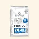 Verpackung für hundetrockenfutter "PROTECT OBESITE" mit 2 kg, grau-weißes Design, empfohlen von Tierärzten gegen Übergewicht.