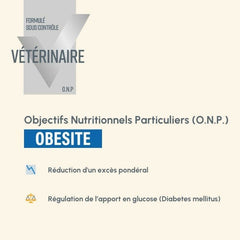 Produktverpackung "Vétérinaire" für Hunde mit speziellen Ernährungszielen zur Bekämpfung von Übergewicht.