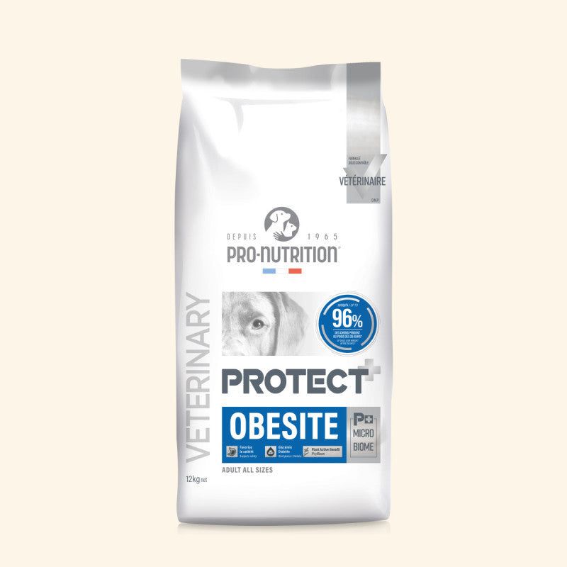 Packung "PROTECT+ OBESITE" für Hunde, 12 kg Trockenfutter gegen Übergewicht, mit blauem Schriftzug und Logo.