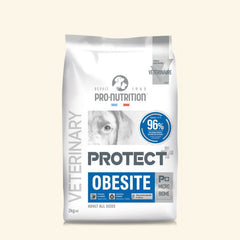 Verpackung für hundetrockenfutter "PROTECT OBESITE" mit 2 kg, grau-weißes Design, empfohlen von Tierärzten gegen Übergewicht.