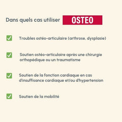 Liste der Anwendungsfälle für Protect Chien Ostéo bei osteo-artikulären Störungen und orthopädischer Unterstützung.