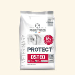 Verpackung des veterinärmedizinischen Hundefutters "Protect Osteo" in Weiß und Grau, 2 kg Inhalt.