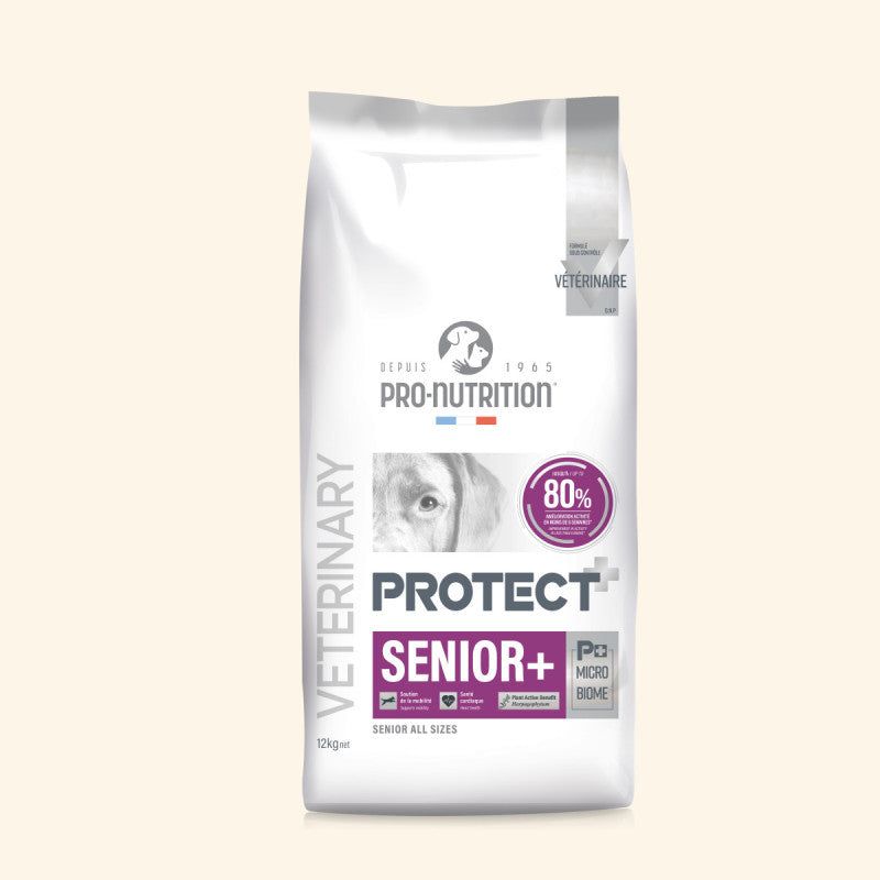 PROTECT+ SENIOR+ von PRO-NUTRITION, 12 kg Tierfutter für Seniorenhunde aller Größen in weißem Sack.