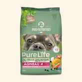 Verpackung von Pro-Nutrition Hundefutter Pure Life Sensitiv mit Lamm, Gemüse und Früchten in grüner Farbgebung.