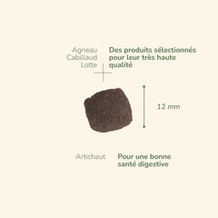 Dunkelbrauner Katzensnack Pure Life Sensitiv Agneau aus hochwertigem Lammfleisch, quadratisch und ca. 12 mm groß.