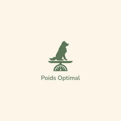 Minimalistisches Logo von Pure Life mit stilisiertem Hund auf Waage und dem Schriftzug „Poids Optimal“ in grüner Schrift.
