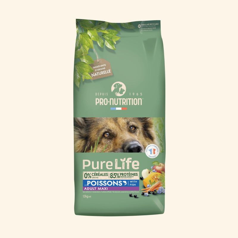 Grüner Sack „Pure Life Adult Maxi Poissons“ von Pro-Nutrition, 0% Getreide, 85% tierische Inhaltsstoffe.