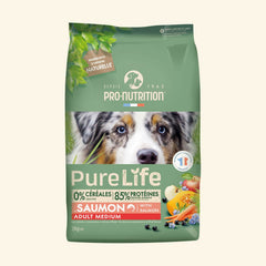 2 kg Packung Pure Life Adult Medium Hundefutter mit Lachs von Pro-Nutrition in buntem Design.