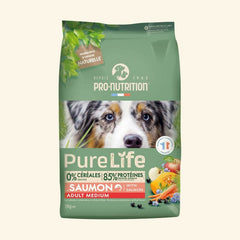 2 kg Packung Pure Life Adult Medium Hundefutter mit Lachs von Pro-Nutrition in buntem Design.