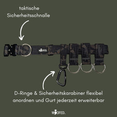 Verstellbarer Gassigürtel im Camouflage-Design mit D-Ringen, Karabiner und Sicherheits schnalle für optimalen Halt.