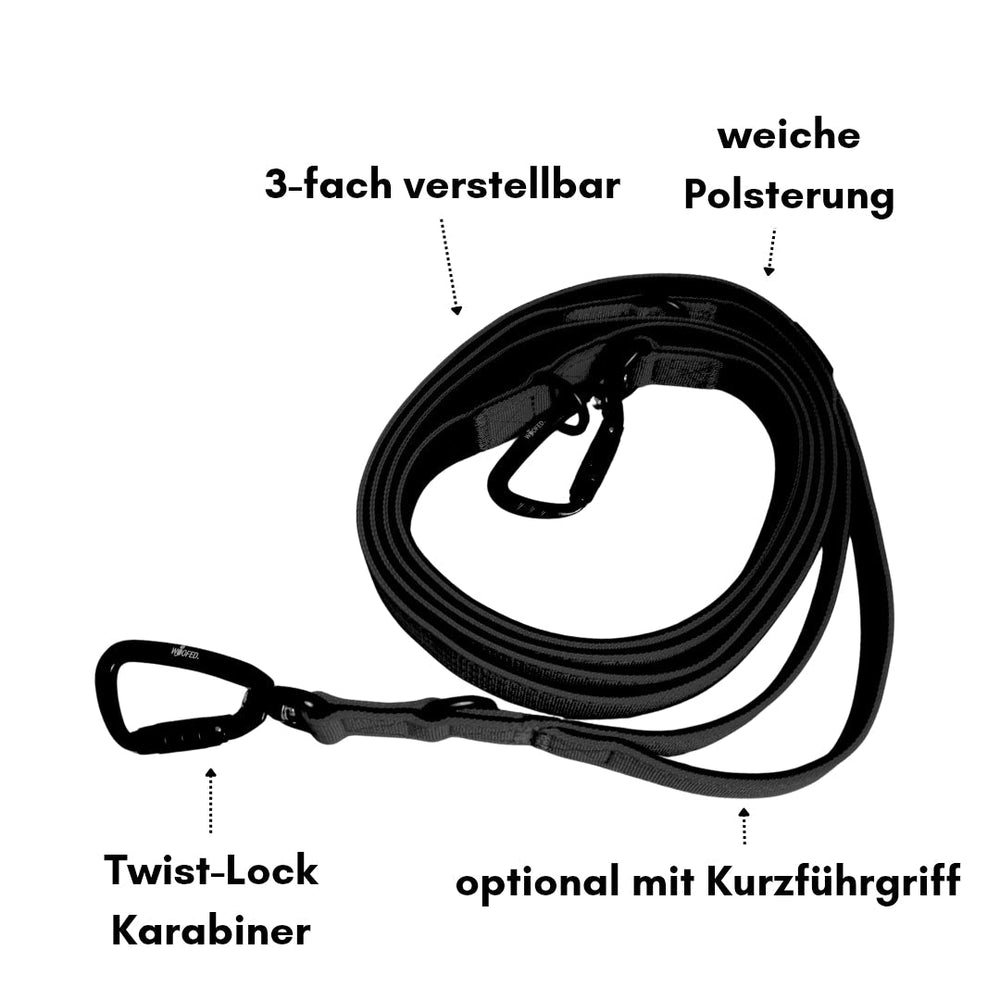 Dreifach verstellbare Hundeleine aus Nylon mit Polsterung und Twist-Lock-Karabiner, optionaler Kurzgriff.