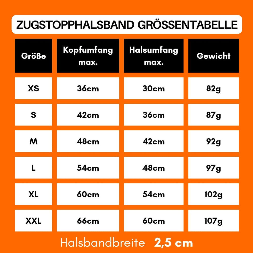 Größentabelle für Zugstopphalsband WOOFLEX® mit Kopfumfang und Halsumfang für verschiedene Größen.