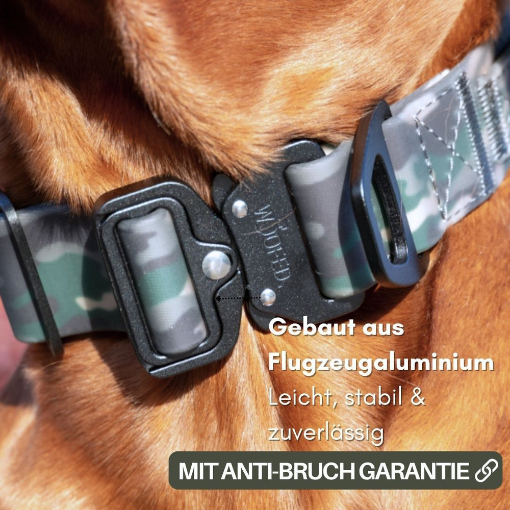Verstellbares WOOFLEX® Halsband mit Froschkarabiner, leicht und stabil, im Camouflage-Design für Hunde, mit Anti-Bruch-Garantie.