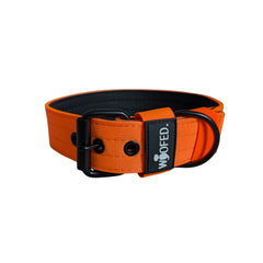 orangefarbenes WOOFED. Nylon Classic Halsband mit schwarzem Innenfutter und robuster Schnalle, ideal für Hunde jeden Typs