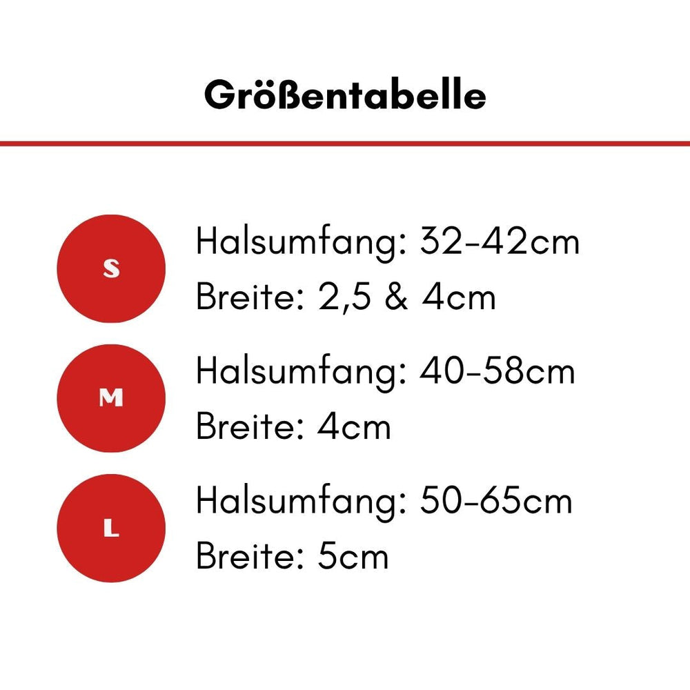 Größentabelle für ultraleichtes Nylon Halsband mit Griff in S, M und L, Maße in cm für optimalen Sitz.