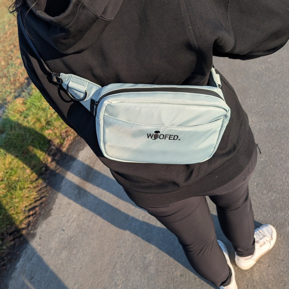 Leichte mintgrüne Bauchtasche von WOOFED. mit schwarzem Reißverschluss, getragen von einer Person von hinten.