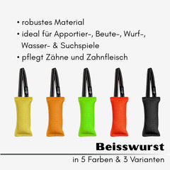 Hundespielzeug Beißwurst in fünf Farben, robust für Apportier- und Zerrspiele, pflegt Zähne und Zahnfleisch.