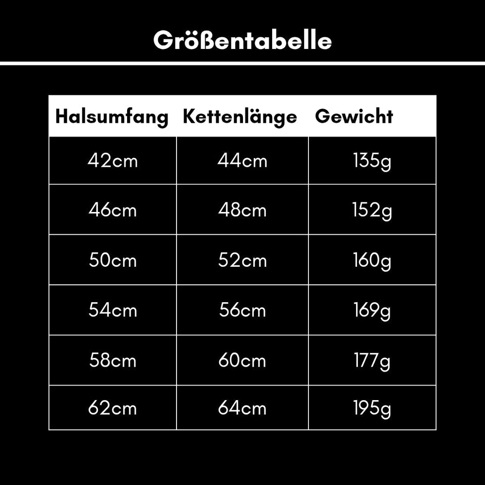 Größentabelle für Woofchain Kettenhalsbänder aus Edelstahl mit Halsumfang, Kettenlänge und Gewicht.