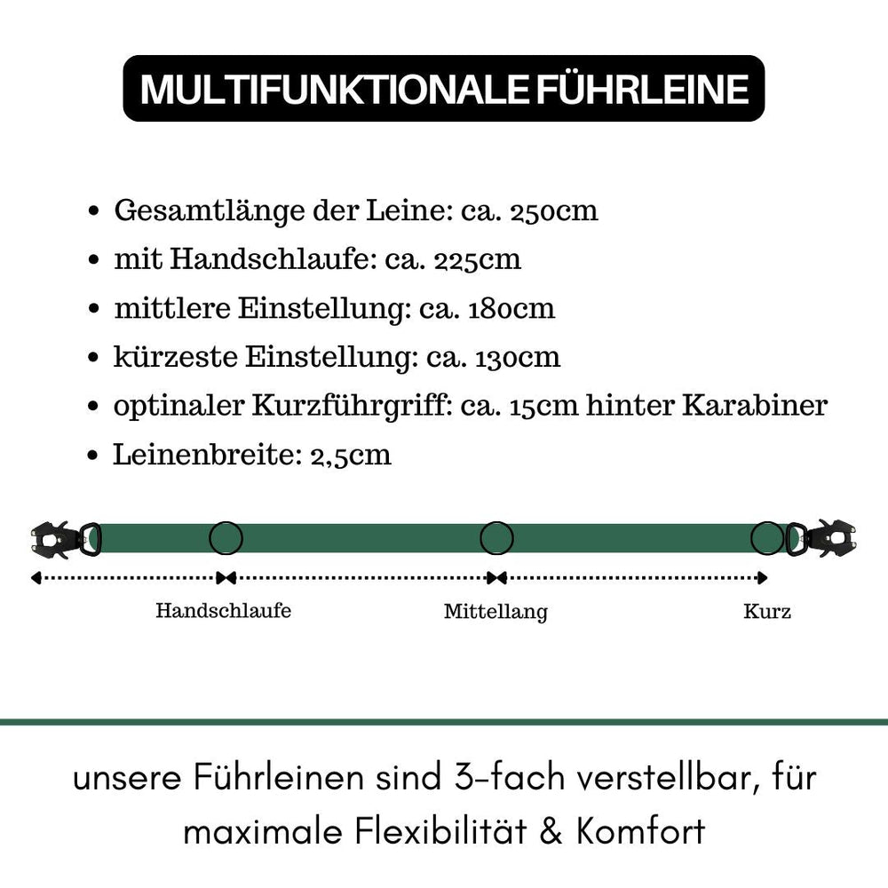 Multifunktionale Führleine aus Nylon mit Froschkarabiner, mehrere Längenoptionen (ca. 250 cm und 225 cm) gezeigt.