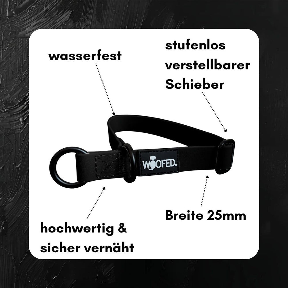 Schwarzes, wasserfestes Hundehalsband WOOFLEX® mit verstellbarem Schieber, 25 mm breit und sicher vernäht.