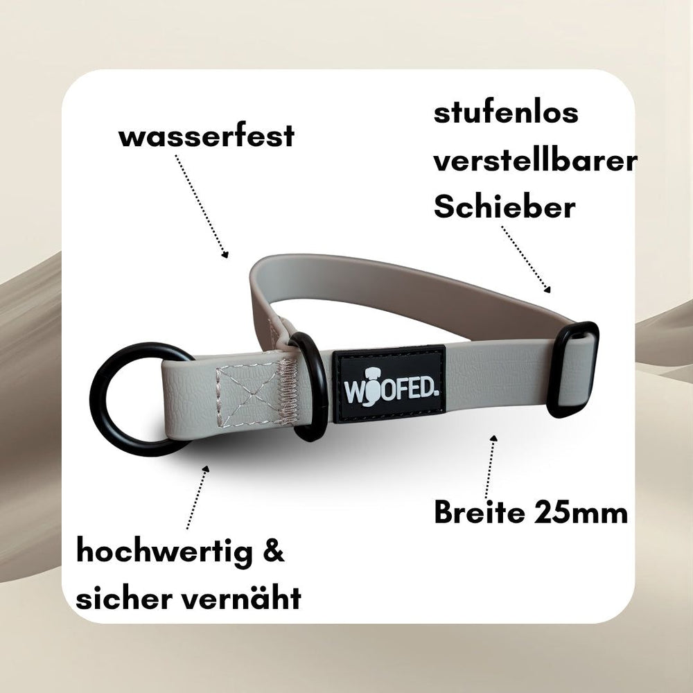 Robustes wasserfestes WOOFLEX® Hundehalsband mit verstellbarem Schieber und 25 mm Breite für optimale Sicherheit.