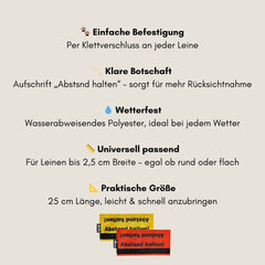 Leinen Banderole "Abstand halten" für Hundeleinen, wetterfest, mit Klettverschluss, sorgt für Abstand beim Spaziergang.