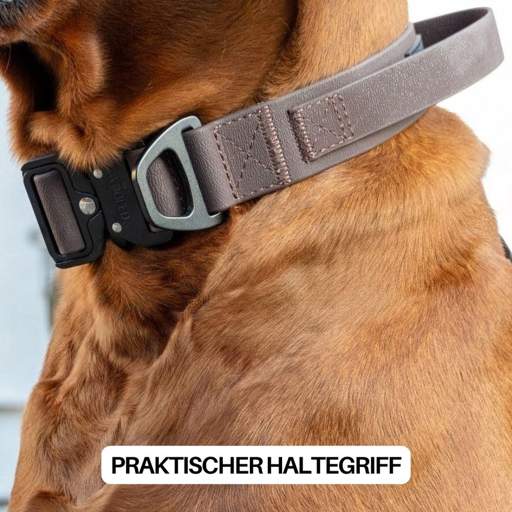 Braunes WOOFLEX® Halsband mit Haltegriff für Hunde, ideal für sicheren Halt und Kontrolle beim Spaziergang.