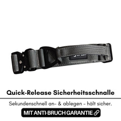 Graue Quick-Release Sicherheitsschnalle für Nylon Halsband, mit stabilem Clip und verstellbarer Schlaufe.