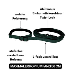 Nylon Retrieverleine von WOOFED mit verstellbarer Halsung, Twist-Lock Karabiner und weicher Polsterung in Dunkelgrün.