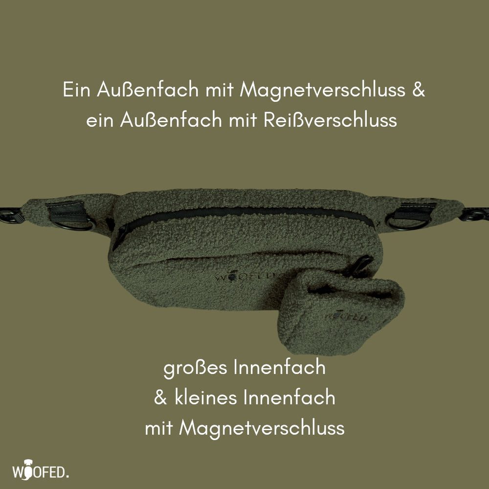Olivgrüne multifunktionale Gassitasche als 2 in 1 Bauchtasche und Schultertasche mit verschiedenen Fächern.