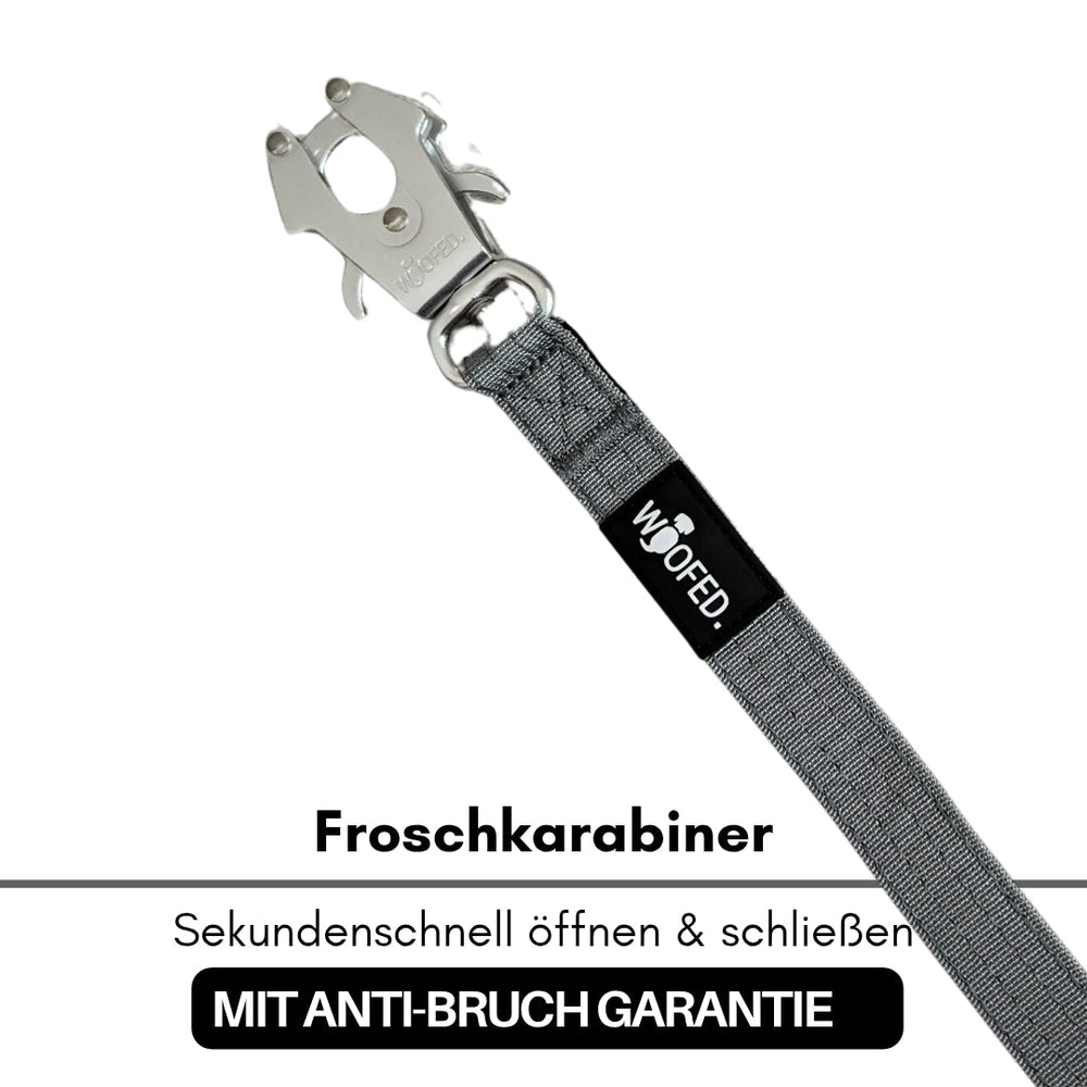 Froschkarabiner aus Metall mit stabiler grauer Leine für sicheres Öffnen und Schließen. Perfekt für Hundehalter.