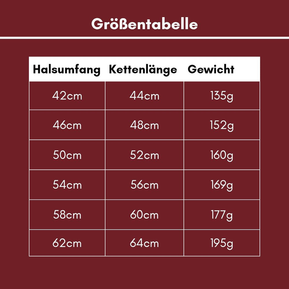 Größentabelle für das Woofchain Kettenhalsband aus Edelstahl mit Halsumfang, Kettenlänge und Gewicht.