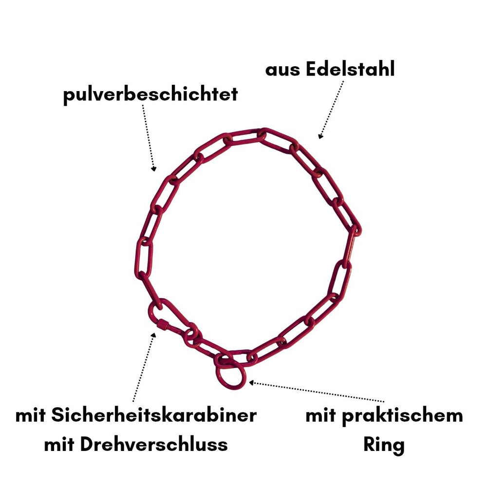 Rot pulverbeschichtetes Edelstahl-Kettenhalsband für Hunde mit Sicherheitskarabiner und praktischem Ring.