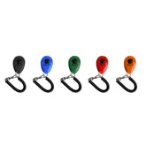 Fünf farbige Stoppuhren in ovaler Form mit Kordelzug – schwarz, blau, grün, rot und orange. Ideal für Hundetraining.