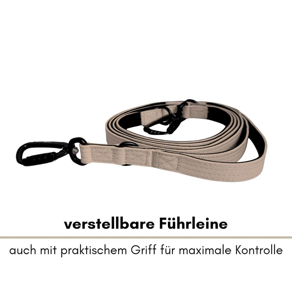 Verstellbare beige Führleine aus Nylon mit Sicherheitskarabiner, ideal für Hunde und optimale Längenanpassung.