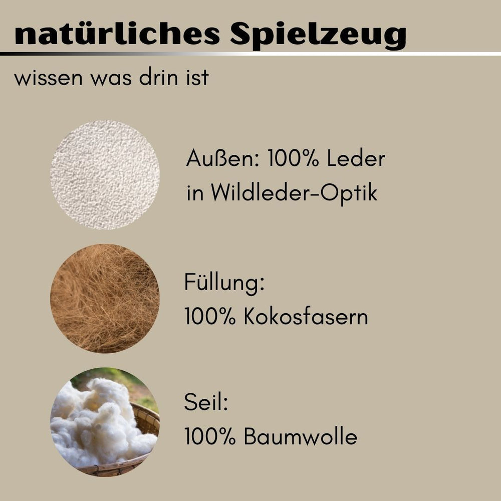 Nachhaltiges Hundespielzeug Knochen Kurt aus Leder, Kokosfasern und Baumwolle für aktiven Spielspaß und Zerrspiele.