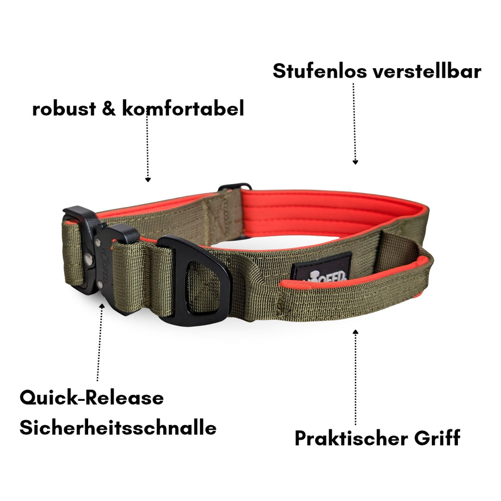 Ultraleichtes Nylon-Halsband für Hunde in Olivgrün mit rotem Innenfutter und praktischem Griff für Sicherheit und Kontrolle.