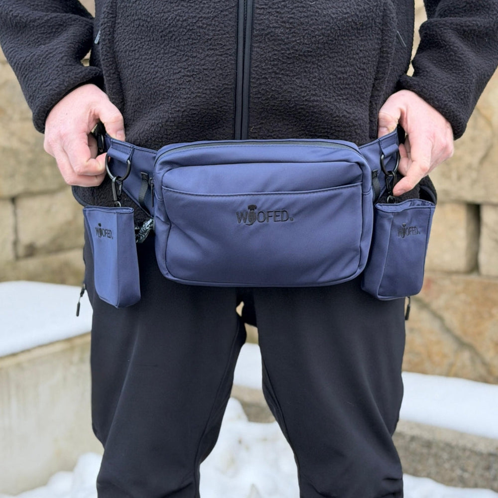 Dunkelblaue Multifunktionale Gassitasche als Bauchtasche und Schultertasche, getragen auf schneebedecktem Boden.