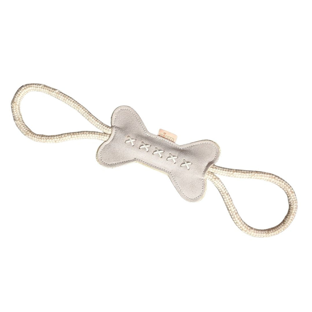 Nachhaltiges Hundespielzeug Knochen Kurt mit Seil in hellem Design, ideal für Zerr- und Kau-Spiel mit Hunden.