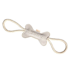 Nachhaltiges Hundespielzeug Knochen Kurt mit Seil in hellem Design, ideal für Zerr- und Kau-Spiel mit Hunden.