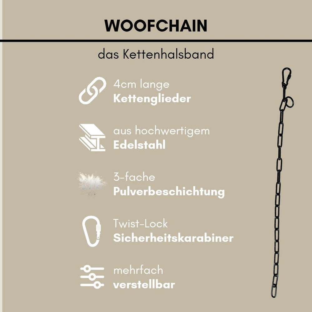 WOOFCHAIN Edelstahl-Kettenhalsband mit langlebigen Kettengliedern und 3-facher Pulverbeschichtung für hohe Qualität.